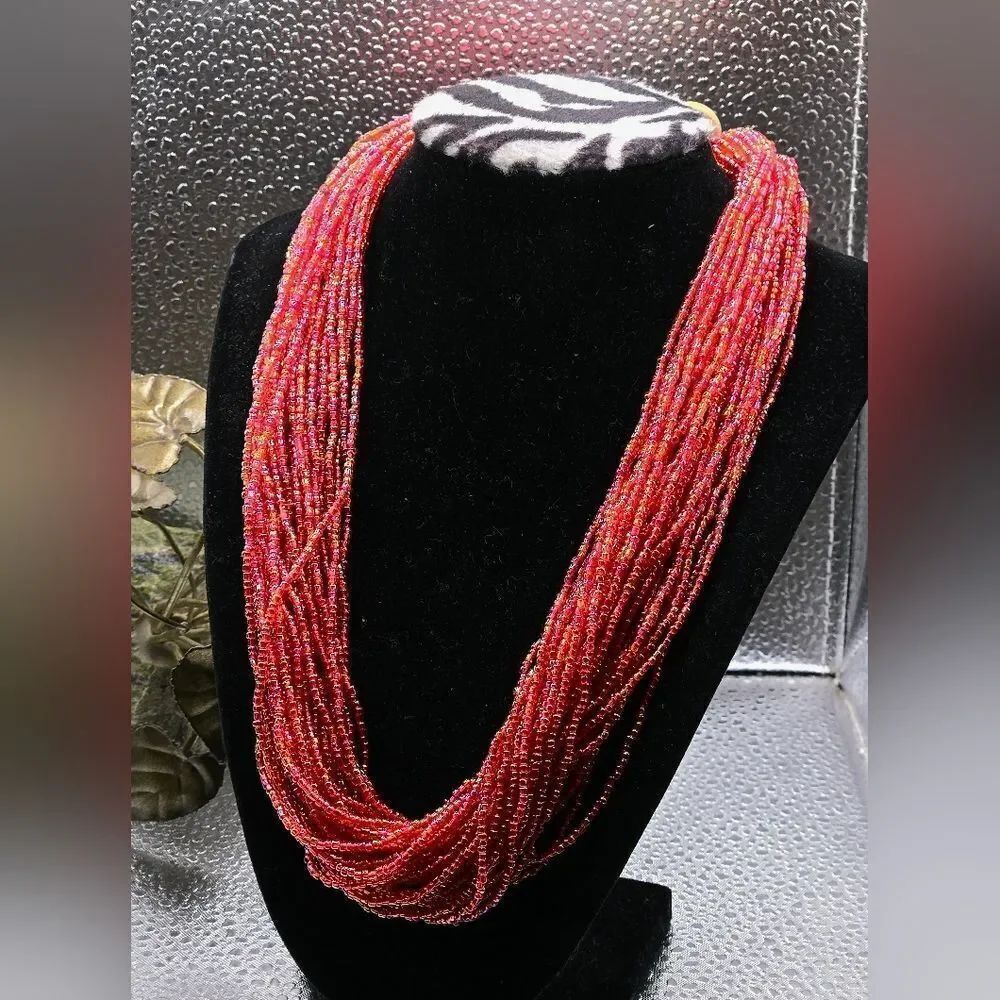 "5/$40" Red Irrodescent Shimmet Mutlistrand Seed Bead Statement Necklace